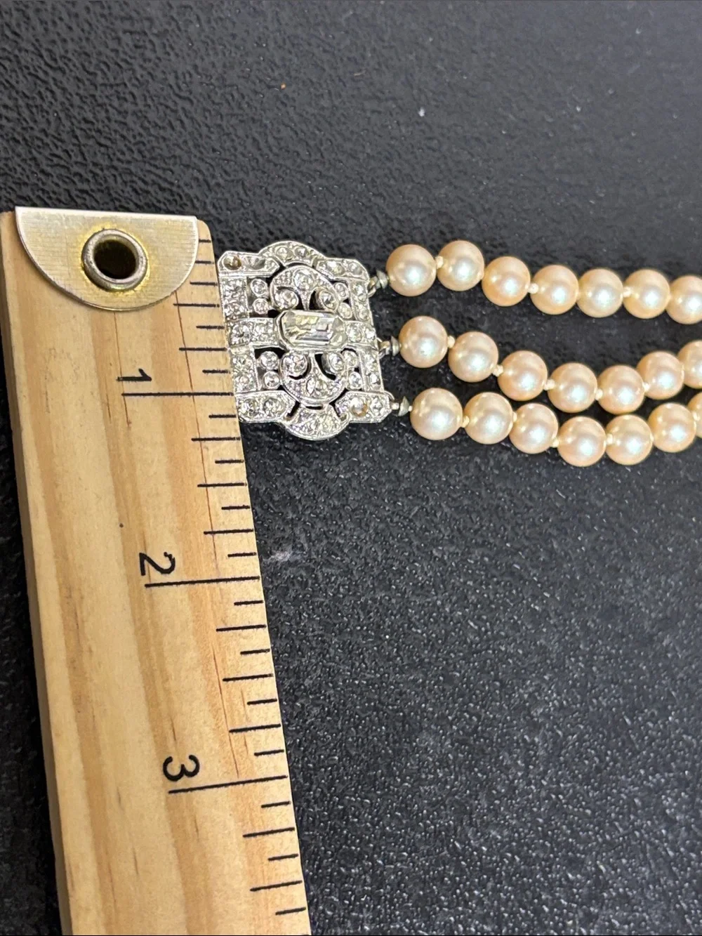 Kenneth Lane Vintage Triple Strand Faux Pearl Bracelet Rhinestone Clasp Art Deco